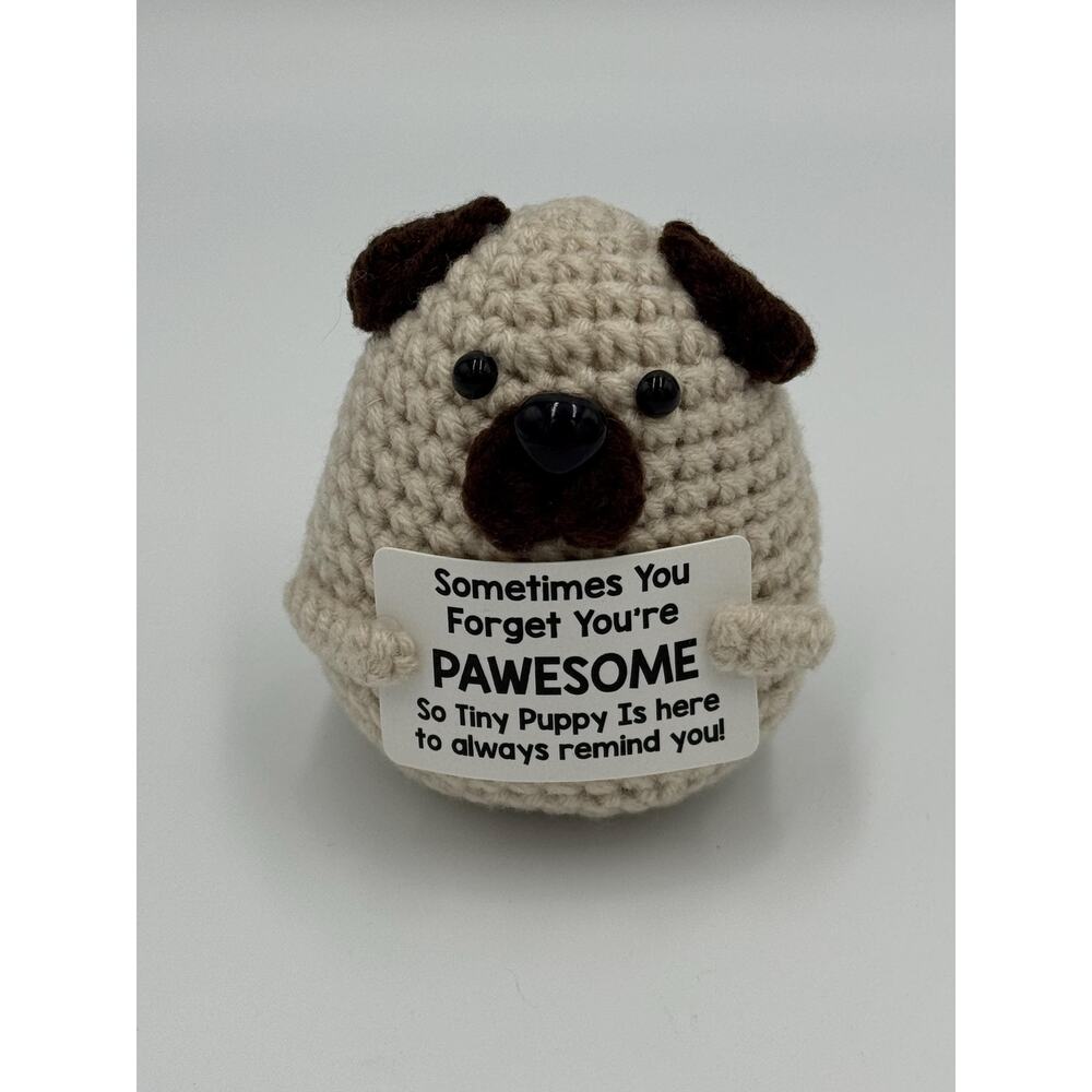 Brown Crochet Stuffed Dog PAWSOME Uplifting Quote